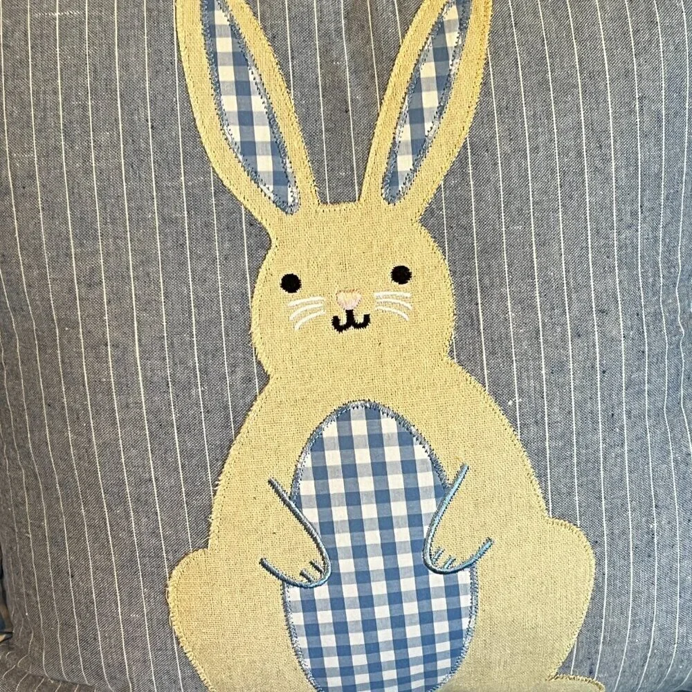 Set of Two 15” Square Bunny Rabbit Pillows Blue Gingham Print With Tails Country